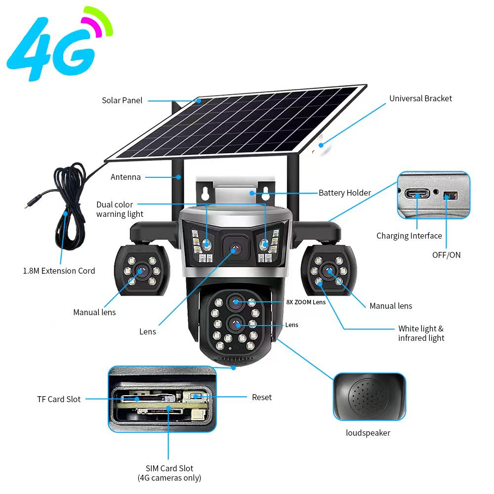 MaxGen VTS07-4G V380 PRO Four Lens Sim-Supported Solar Battery Backup PTZ IP Camera 12MP Outdoor Waterproof, Two-Way Audio, Motion Detection 360-Degree Robotic PTZ CCTV Camera 4 MaxGen VTS07-4G V380 PRO Four Lens Sim-Supported Solar Battery Backup PTZ IP Camera