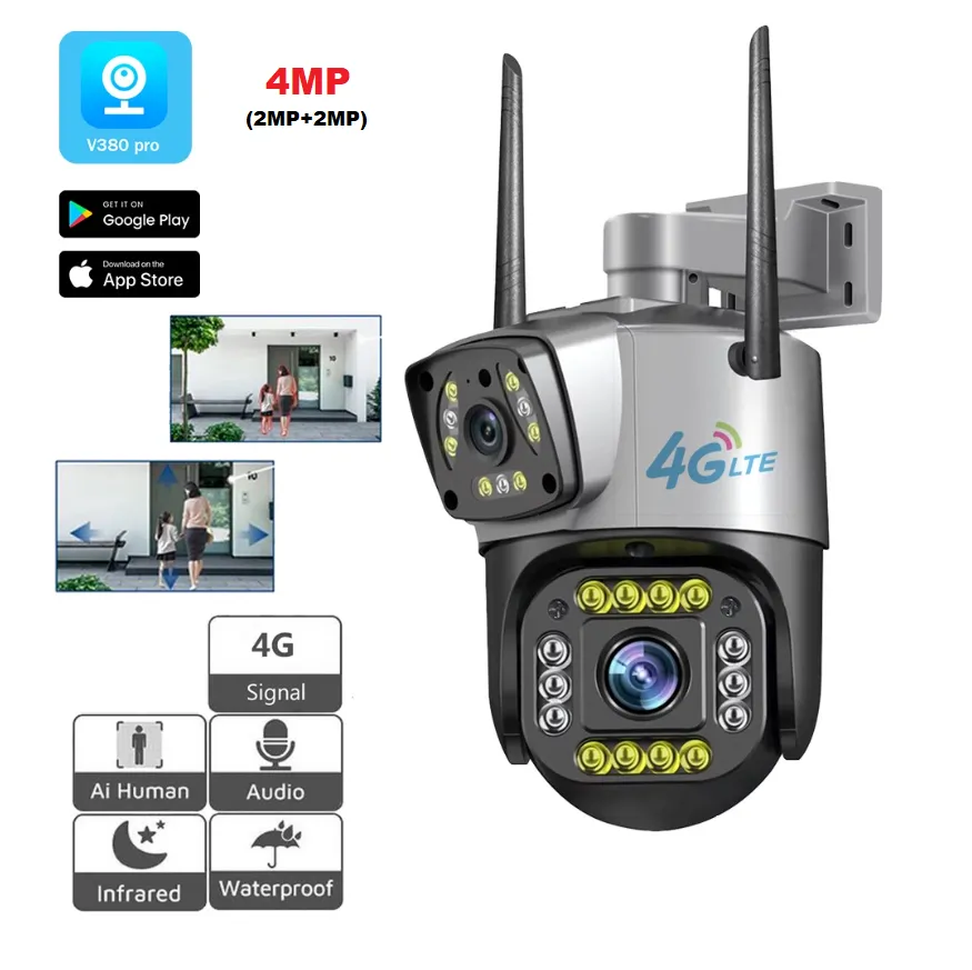 MaxGen SC02-4G V380 PRO Dual Lens 4G Sim Support IP Camera 4MP Outdoor Waterproof 360 Degree, Auto Tracking, Color Night Vision, Two Way Audio, Motion Detection Premium PTZ CCTV Camera 1 MaxGen SC02-4G V380 PRO Dual Lens 4G SIM IP Camera