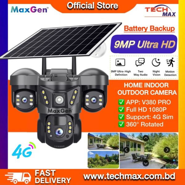 MaxGen VTS29-4G V380 PRO 3 lens 9MP solar IP camera outdoor waterproof PTZ auto tracking color night vision