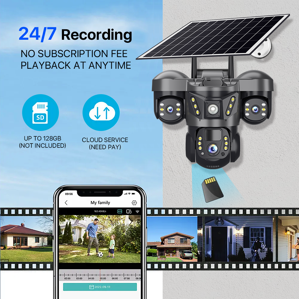 MaxGen VTS29-4G V380 PRO Three Lens Solar 4G Sim-Supported Battery Backup PTZ IP Camera 9MP Outdoor Waterproof 360 Degree Auto Tracking Color Night Vision Two Way Audio PTZ CCTV Camera 3 MaxGen VTS29-4G V380 PRO Solar IP Camera