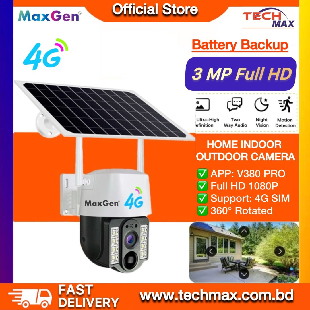 MaxGen VC03-4G V380 PRO Single Lens Solar Battery Backup 4G Sim-Supported PTZ IP Camera 3MP Outdoor Waterproof, Two-Way Audio, Motion Detection 360-Degree Robotic PTZ CCTV Camera 1 MaxGen VC03-4G V380 PRO single lens 3MP solar PTZ IP camera outdoor waterproof 4G SIM auto tracking CCTV