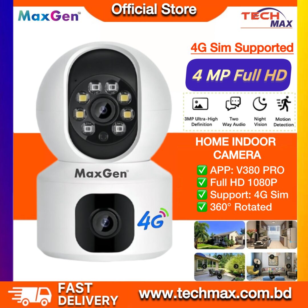 MaxGen SQ001-4G V380 PRO Dual Lens 4G SIM Supported PTZ IP Camera 4MP 360 Degree Auto Tracking AI Human Detect Night Vision Two Way Voice CCTV Camera