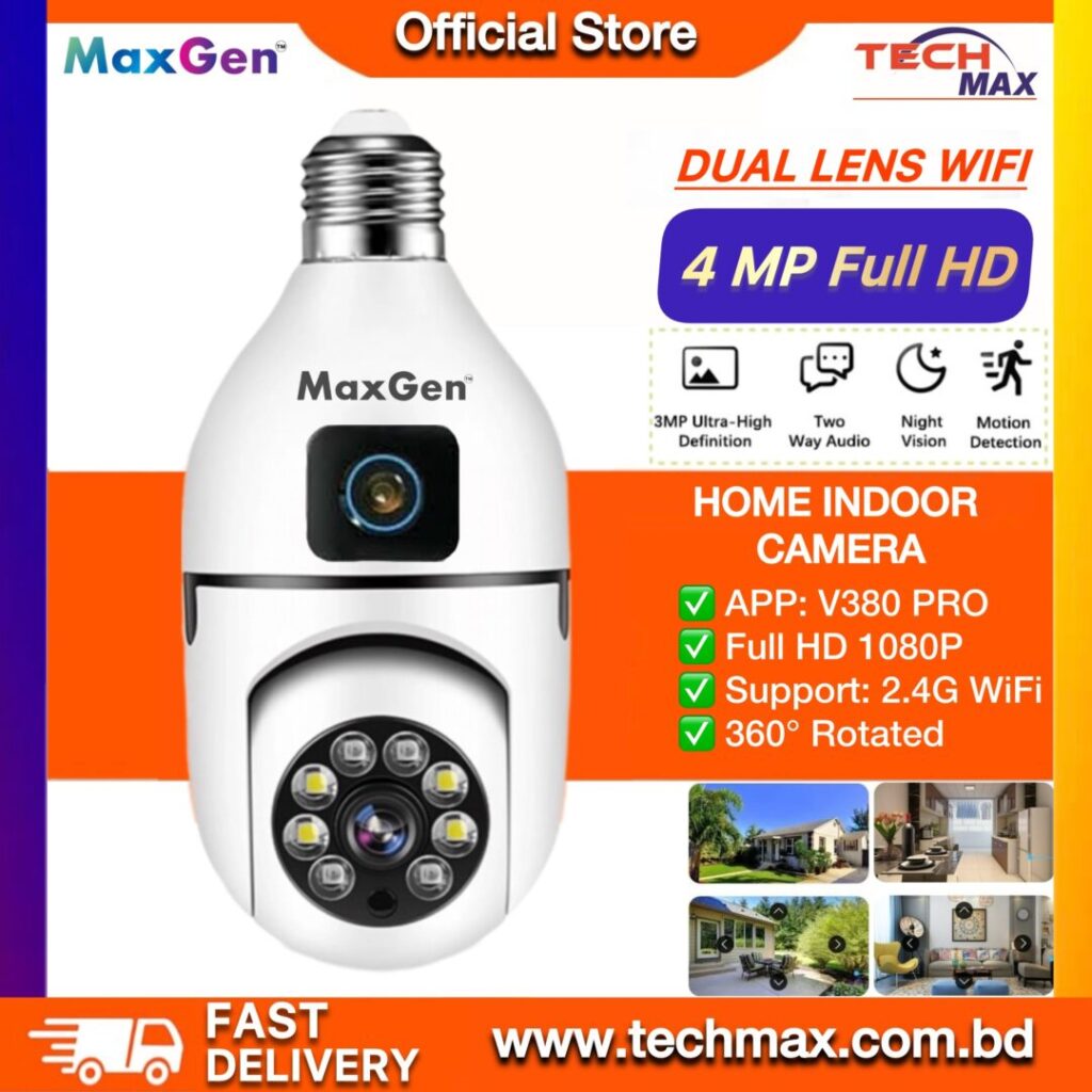 MaxGen SQ002 V380 PRO Bulb Dual Lens WIFI IP Camera 4MP Auto Tracking Ai Human Detect CCTV Indoor Surveillance Camera Night Vision Two Way Voice Security cctv Camera