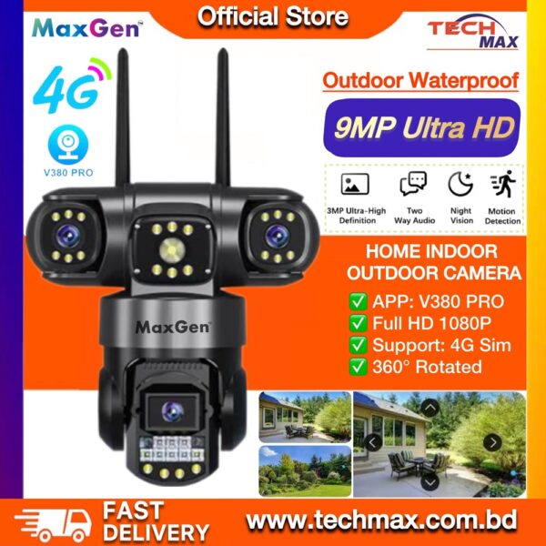 MaxGen SC28-4G SIM V380 PRO three lens 6MP outdoor PTZ CCTV camera with auto tracking and color night vision