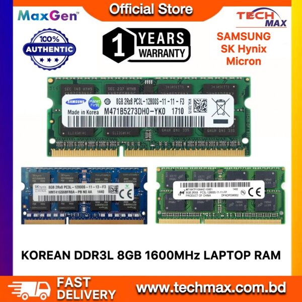 Samsung Micron Hynix 8GB DDR3L 1600MHz PC3L-12800s CL11 204Pin SO-DIMM Laptop Ram (Korean)