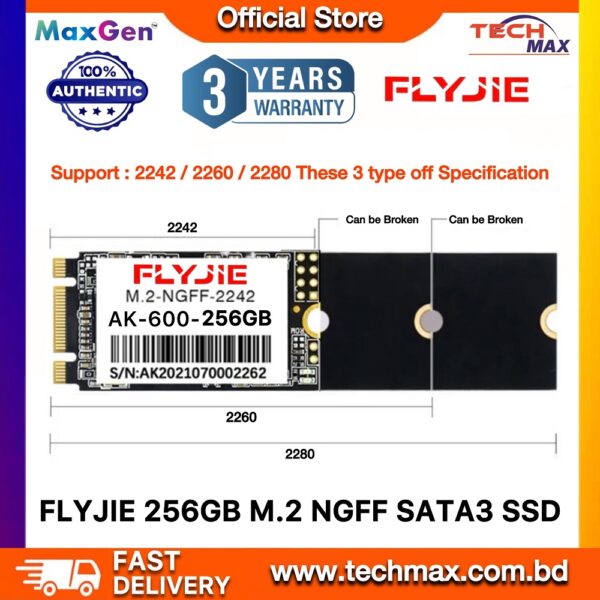 FLYJIE M.2 SATA3 256GB SSD AK-600 NGFF SSD (Size: 2242 2260 2280) Breakable For Laptops & Desktop-PC