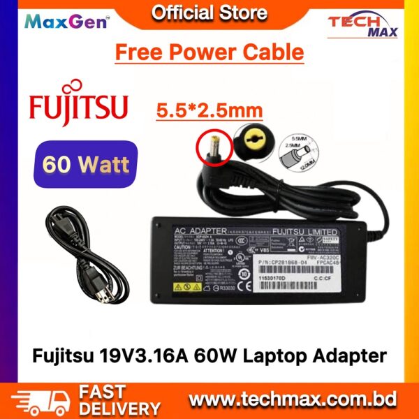 Laptop Adapter Charger For Fujitsu Lifebook LH520 LH530 LH531 LH532 LH700 SH560 Fujitsu C2210 E2000 E2010 E7110 LH530 P771 Series (19V3.16A 5.5mm*2.5mm)