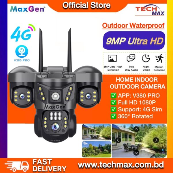 MaxGen SC29-4G SIM V380 PRO three lens 6MP outdoor PTZ CCTV camera with auto tracking and color night vision