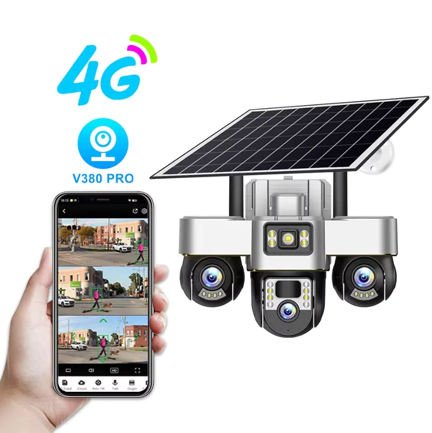 MaxGen VTS30-4G V380 PRO 3 Lens Solar Sim-Supported Battery Backup PTZ IP Camera 9MP Outdoor Waterproof 360 Degree Wide Angle Auto Tracking Color Night Vision Two Way Audio PTZ Solar Premium IP Camera 2 MaxGen VTS30-4G V380 PRO Sim Support Solar IP Camera