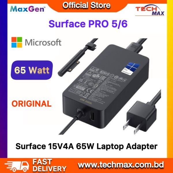 Microfoft 65W magnetic snap-in charger adapter for Microsoft Surface Pro 4/7/7 Plus/8/9/X and Laptop 3/4/5, Model A1706, 15V 4A power supply
