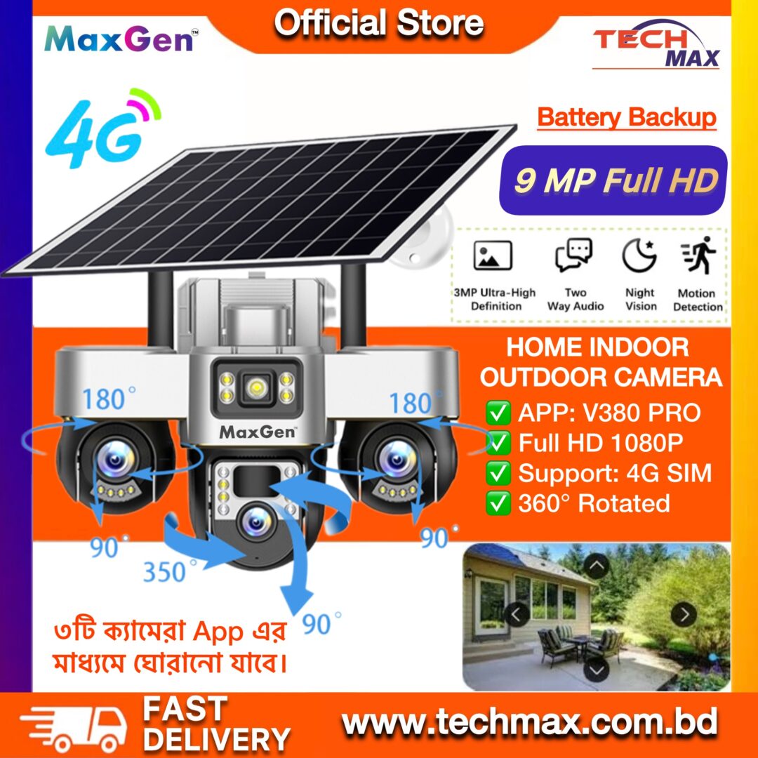 MaxGen VTS30-4G V380 PRO 3 Lens Solar Sim-Supported Battery Backup PTZ IP Camera 9MP Outdoor Waterproof 360 Degree Wide Angle Auto Tracking Color Night Vision Two Way Audio PTZ Solar Premium IP Camera 1 MaxGen VTS30-4G V380 PRO 3 lens solar IP camera 9MP outdoor waterproof with battery backup