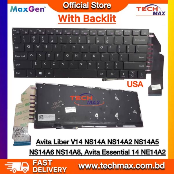 Avita Liber V14 NS14A backlit laptop keyboard replacement original black US layout