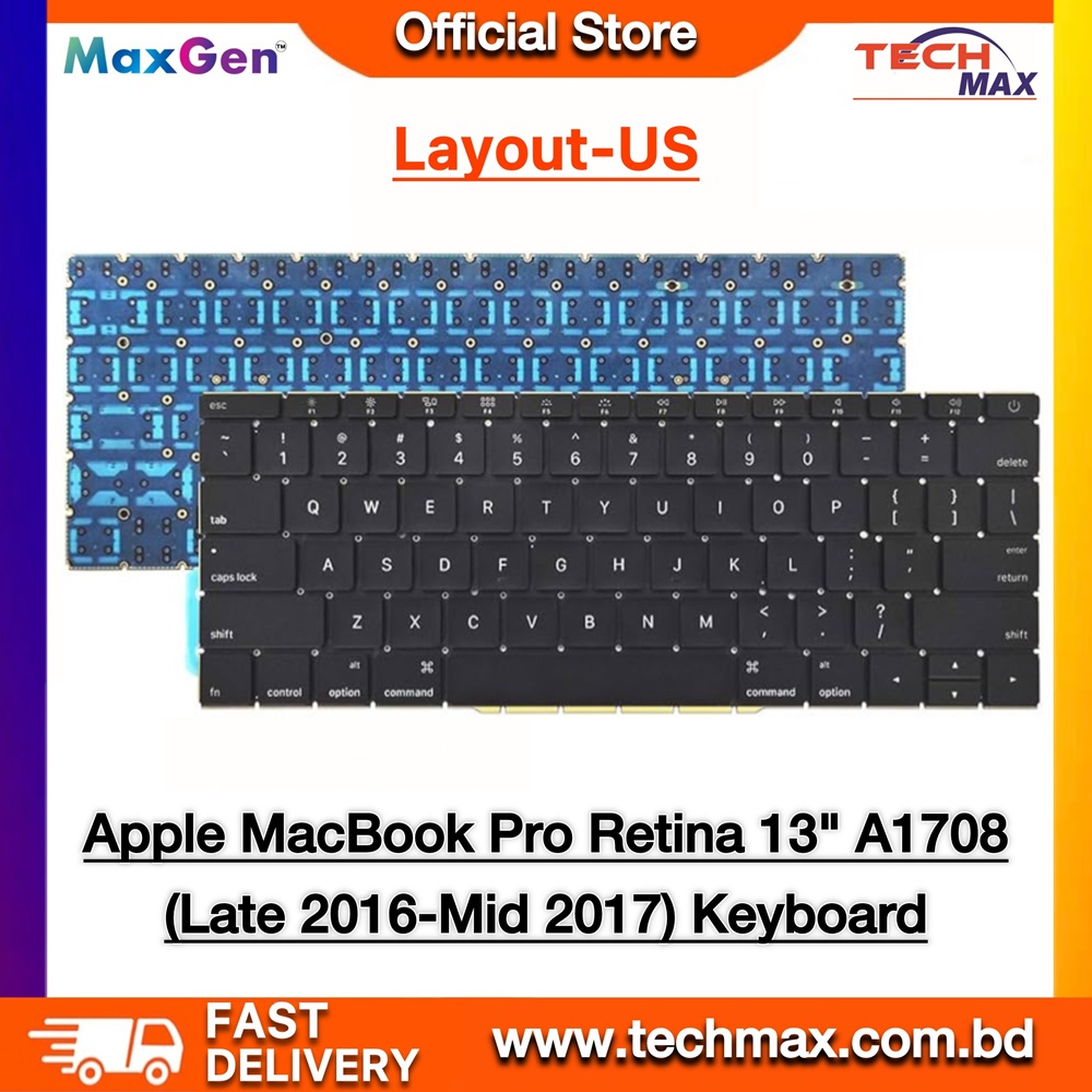 Apple MacBook Pro 13-inch A1708 US Layout (Late 2016 to Mid 2017) MacBook Replacement Keyboard 1 Apple MacBook Pro A1708 13-inch (2016–2017) US Layout Replacement Keyboard