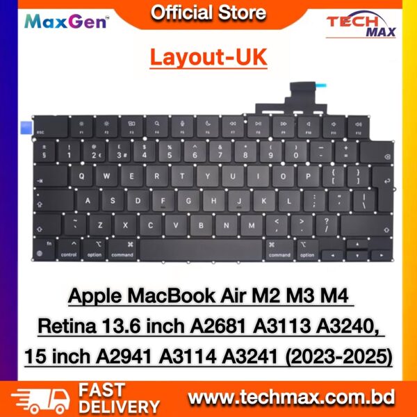 Apple MacBook Air M2 M3 M4 13.6 & 15-inch (2022–2025) UK Layout Replacement Keyboard