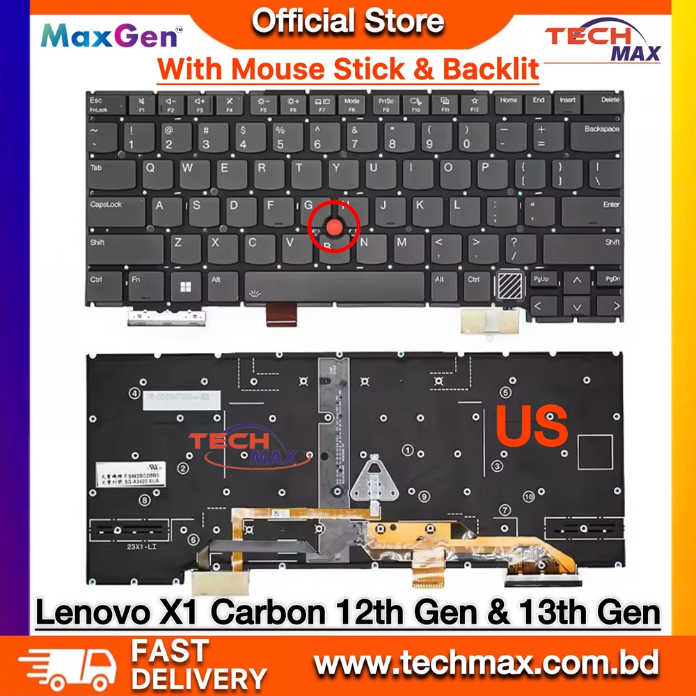 Lenovo ThinkPad X1 Carbon 12th Gen (21KC, 21KD) 2024 / ThinkPad X1 Carbon 13th Gen (21NS, 21NT, 21NX) 2025 Backlit Laptop Keyboard (With Pointer / TrackPoint) 1 Lenovo ThinkPad X1 Carbon 12th 13th Gen backlit keyboard with TrackPoint replacement