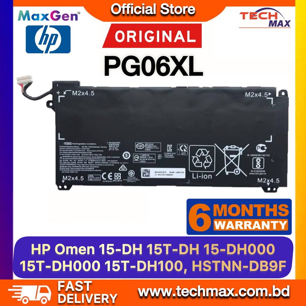 Original HP PG06XL Battery For HP Omen 15-DH, 15-DH000, 15T-DH000, 15T-DH100, 15-DH0XXX, 15-DH0000NA, 15-DH0003LA, 15-DH1010CA, 15-DH1088NR, 15-DH0010TX, 15-DH1070WM, HSTNN-DB9F Series Premium Laptop Battery 1 Original HP PG06XL Battery for OMEN 15-DH Series Gaming Laptop