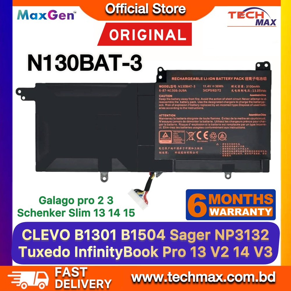 Clevo N130BAT-3 Battery For Clevo B1301 N130BU N130WU N131BU N131WU NP3130 | Tuxedo System76 Galago Pro InfinityBook Pro 13 V2 HAIER lingyue S4 Sager NP3132 NP3141 NP3145 NP3146 NP3155 NP3156 Series Premium Laptop Battery 1 Clevo N130BAT-3 battery for N130BU N130WU N131BU NP3130 laptop models