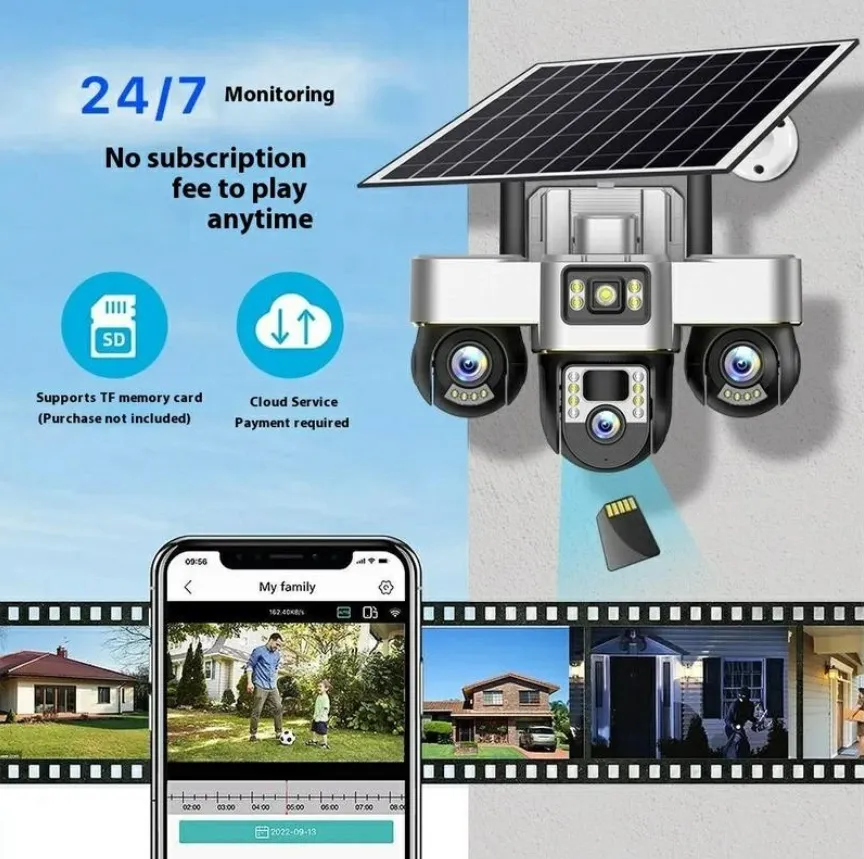 MaxGen VTS30-4G V380 PRO 3 Lens Solar Sim-Supported Battery Backup PTZ IP Camera 9MP Outdoor Waterproof 360 Degree Wide Angle Auto Tracking Color Night Vision Two Way Audio PTZ Solar Premium IP Camera 4 MaxGen VTS30-WIFI V380 PRO 3 Lens Solar Battery Backup PTZ WiFi IP Camera
