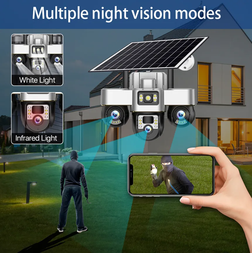 MaxGen VTS30-4G V380 PRO 3 Lens Solar Sim-Supported Battery Backup PTZ IP Camera 9MP Outdoor Waterproof 360 Degree Wide Angle Auto Tracking Color Night Vision Two Way Audio PTZ Solar Premium IP Camera 3 MaxGen VTS30-WIFI V380 PRO 3 Lens Solar Battery Backup PTZ WiFi IP Camera