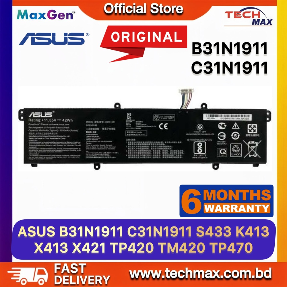 Original ASUS B31N1911 Battery For ASUS VivoBook F413EA, F413FA, F413FF, K413EA, K413FA, K413FP, K413FQ, M413DA, X413EA, X413JA, X421DA, X421EA, X421EP, X421FF, X421FQ, X421JA, F513, K513, X513, S433EA, S433FA, V4050FA, V4050FF, Flip 14 TM420IA, TM420UA, TM420EZ, TP420IA, TP420UA, TP470EA, TP470EZ Series Laptop Battery 1 Original ASUS B31N1911 Battery for VivoBook F413EA K413EA X413EA X421EA S433EA Laptop Battery