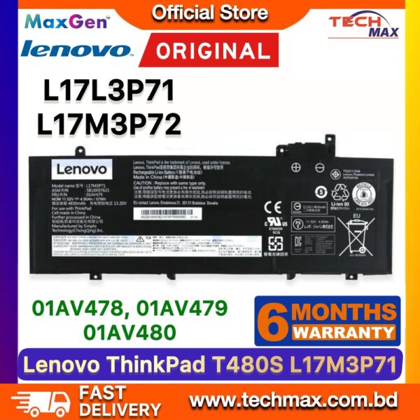 Original Lenovo L17M3P72 L17M3P71 Battery for ThinkPad T480s 20L7 20L8 Laptop Battery