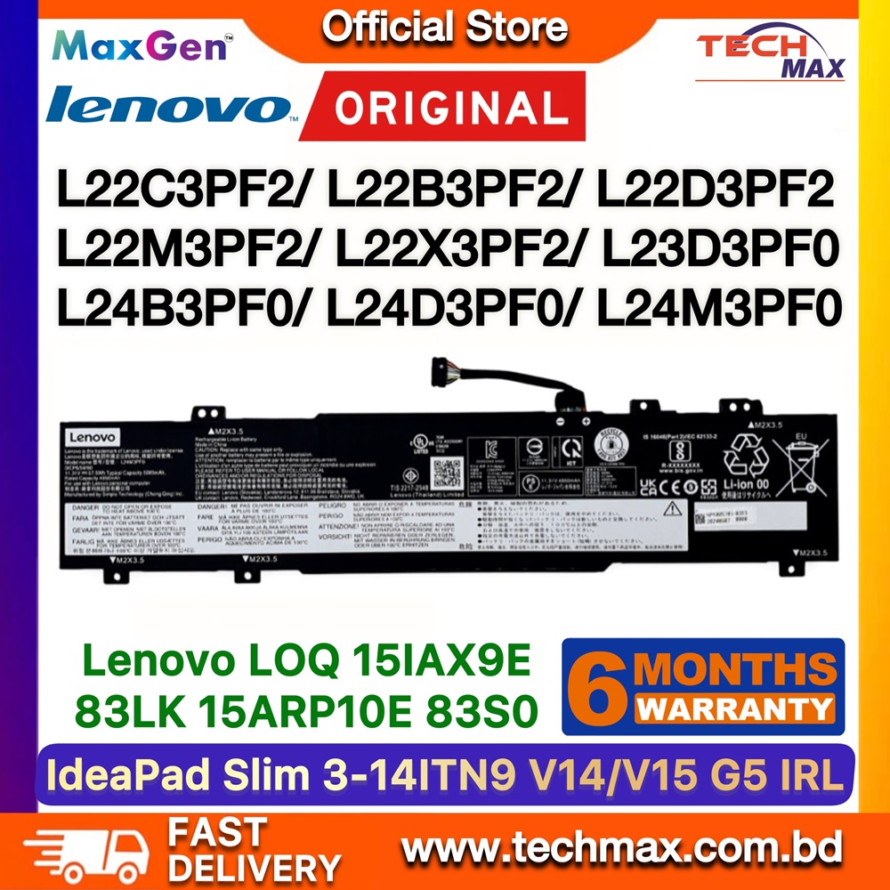 Original Lenovo L22C3PF2, L22M3P78 Battery For Lenovo IdeaPad Slim 3-14ABR8, 3-14AMN8, 3-14IAH8, 3-14IAN8, Slim 3-15ABR8, 3-15AMN8, 3-15IAN8, 3-15IRH8, 3-15IRU8, 3-15IRU9, Slim 3-16ABR8, 3-16IAH8, V14 G4 AMN, V14 G5 IRL, V15 G4 AMN, V15 G4 IAN, V15 G5 IR, Lenovo LOQ 15IAX9, LOQ Essential G10, LOQ 15ARP10E, L22B3PF2, L22D3PF2, L22L3PF2, L22M3PF2, L22X3PF2, L23D3PF0, L24D3PF0, L24B3PF0, L24L3PF0, L24C3PF0 Laptop Battery 1 Original Lenovo L22C3PF2 L22M3P78 Battery for IdeaPad Slim 3-14ABR8 15ABR8 16ABR8 V14 G4 V15 G4 Laptop Battery