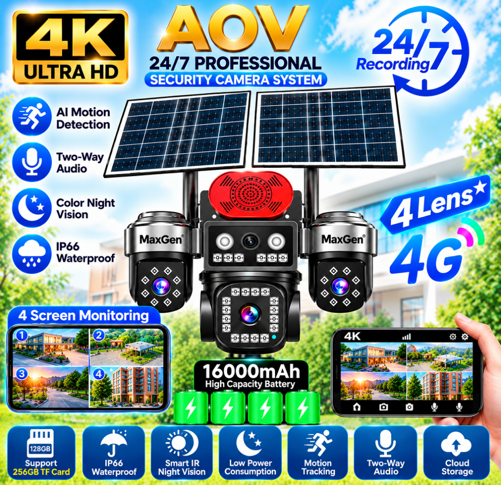 MaxGen HiEasy AOV 4K Ultra HD Four Lens 4G Solar PTZ IP Camera