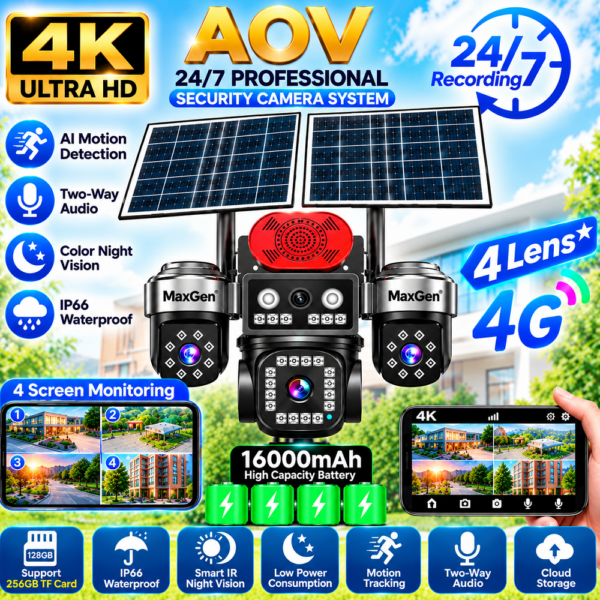 MaxGen HiEasy AOV 4K Ultra HD Four Lens 4G Solar PTZ IP Camera